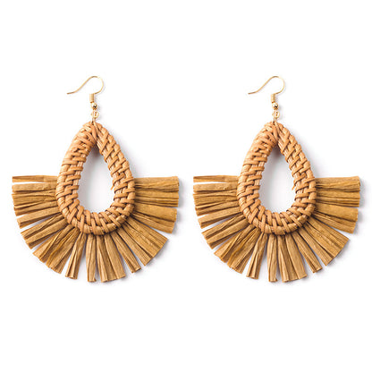Boucles d'oreilles géométriques en raphia et rotin tissées à la main, style vintage pour femmes - LUXARAH