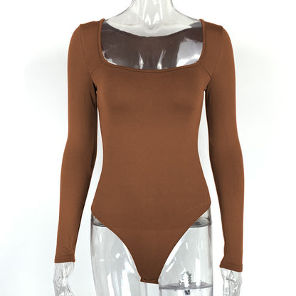 Body sexy à col carré et manches longues pour femme, haut doublé