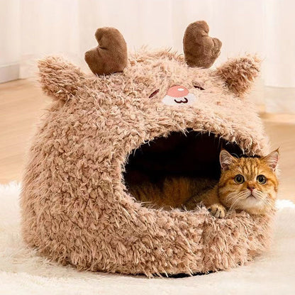 Nid semi-fermé pour chat et chien, nid de couchage chaud pour l'hiver, yourte en peluche, modèles d'animaux mignons en velours pour animaux de compagnie - LUXARAH