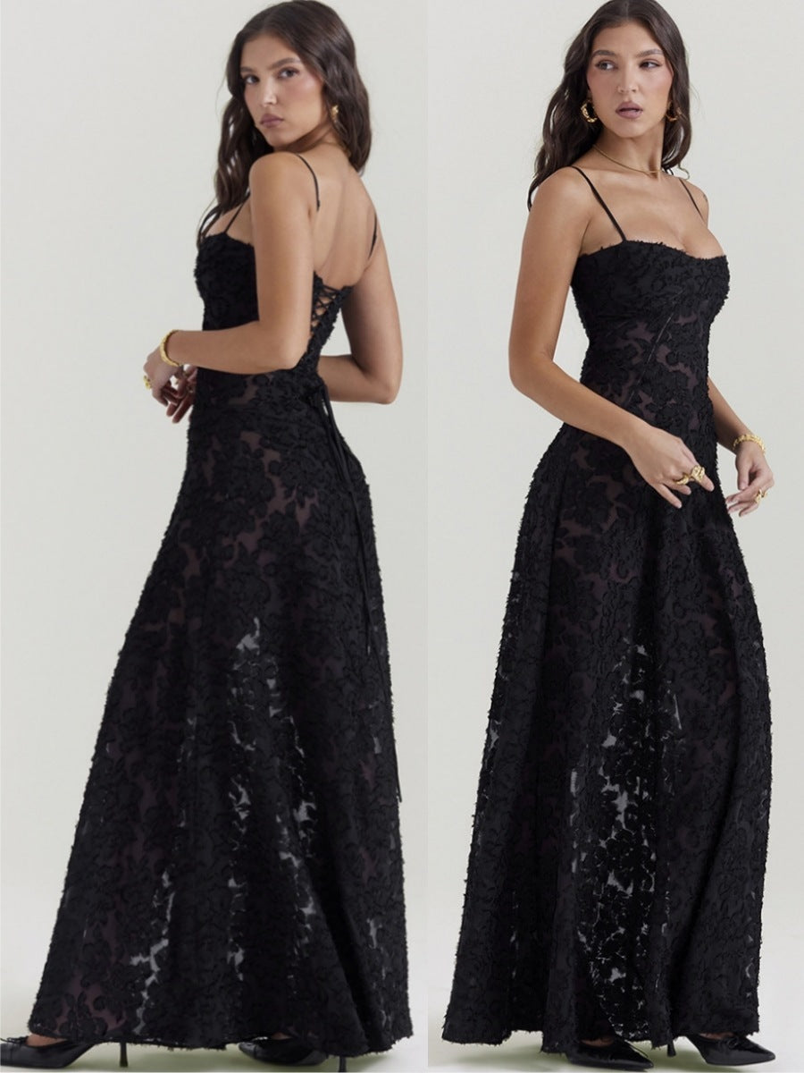 Robe longue en dentelle à bretelles tendance, col bustier, élégante, tenue de soirée - LUXARAH
