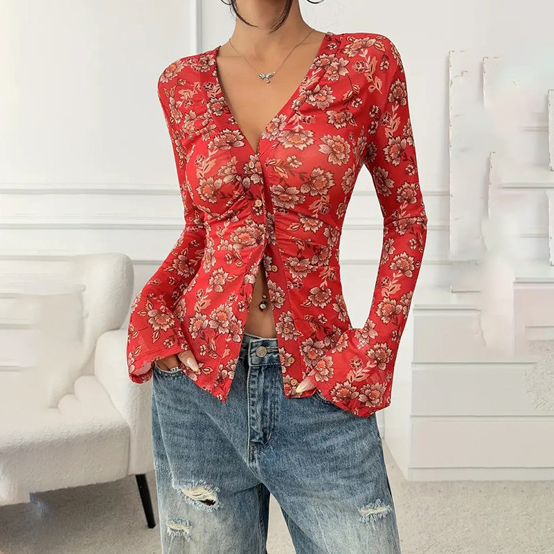 Chemisier boutonné à fleurs, tendance automne 2025, manches longues, col en V, froncé, ajusté - LUXARAH