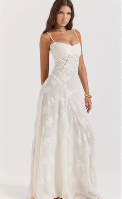 Robe longue en dentelle à bretelles tendance, col bustier, élégante, tenue de soirée - LUXARAH