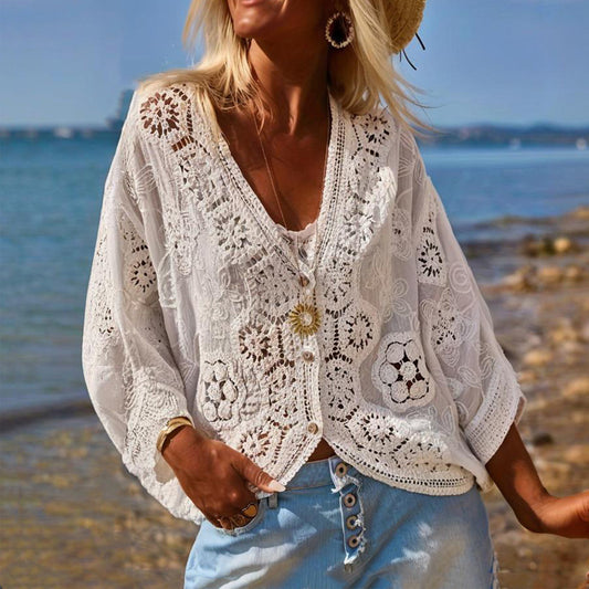 Cardigan boutonné en dentelle à col en V pour femme, semi-transparent, motif géométrique, manches mi-longues, léger, plage, mode printemps-été - LUXARAH