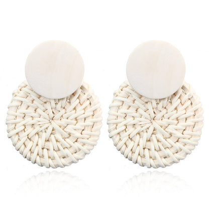 Boucles d'oreilles géométriques creuses en rotin tissées à la main en bois, bambou et rotin, style rétro - LUXARAH