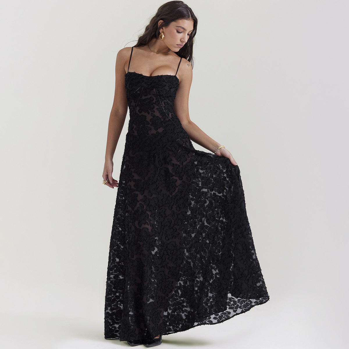 Robe longue en dentelle à bretelles tendance, col bustier, élégante, tenue de soirée - LUXARAH