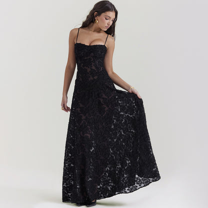 Robe longue en dentelle à bretelles tendance, col bustier, élégante, tenue de soirée - LUXARAH