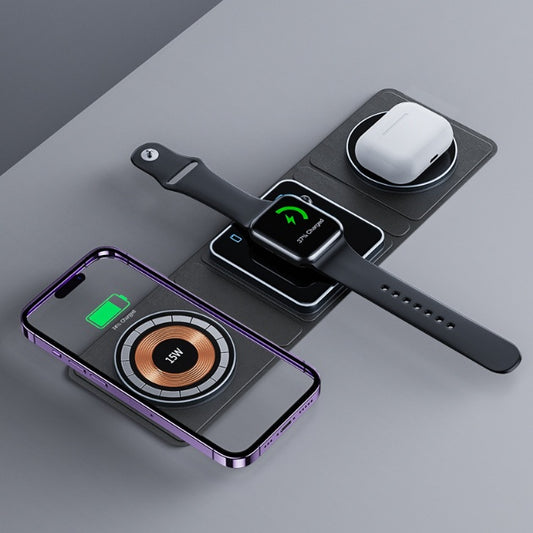 Station de charge magnétique pliable sans fil 3 en 1 pour iPhone, charge rapide transparente pour iWatch et AirPods