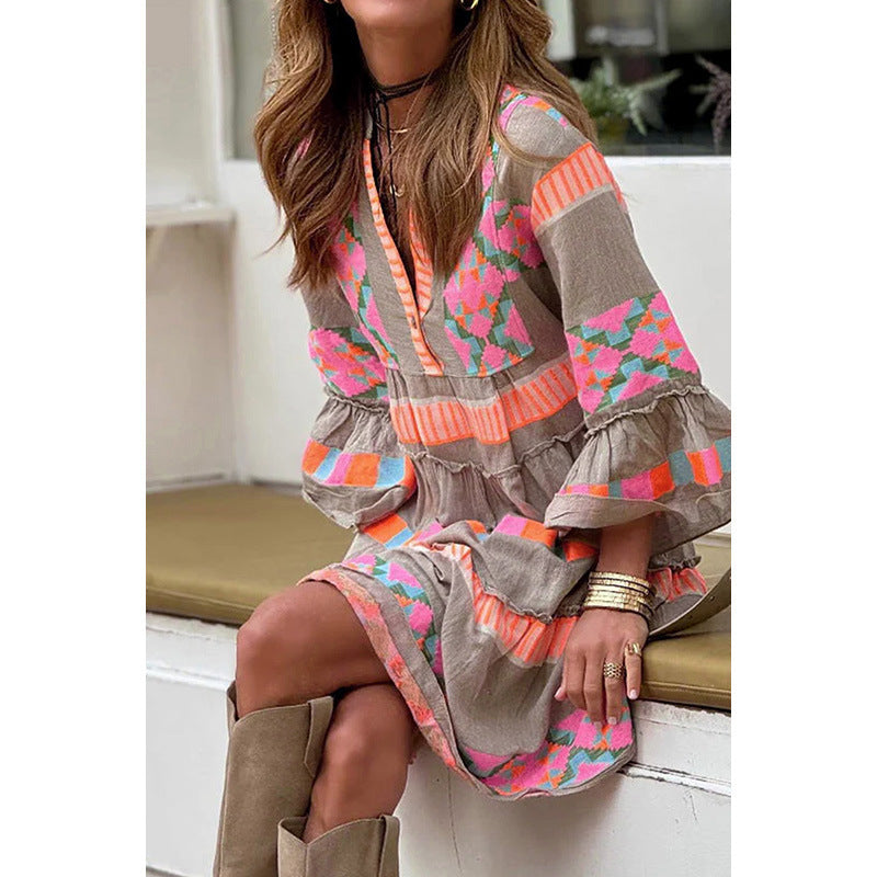Robe d'été à imprimé tendance, col en V, volants, manches trois-quarts - LUXARAH