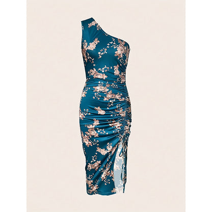 Robe moulante asymétrique, été 2025, froncée, fendue, motif floral, pour la plage, les cocktails, les mariages et les invités - LUXARAH