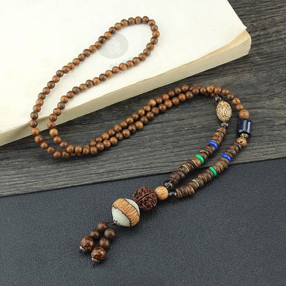 Colliers pour hommes et femmes, chaîne de pull rétro en perles de bois, pendentif Bodhi long - LUXARAH