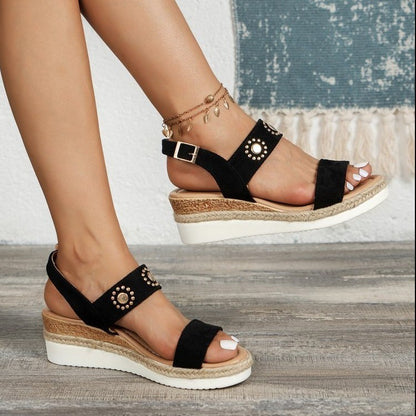 Sandales compensées grande taille en corde de chanvre avec boucle pour la plage