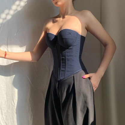 Débardeur tube en jean Y2K avec design noué dans le dos, débardeur corset court tendance pour femmes