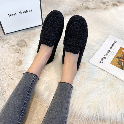 Mocassins plats en peluche pour femme, chaussures tendance et chaudes à pois, collection hiver