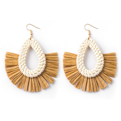 Boucles d'oreilles géométriques en raphia et rotin tissées à la main, style vintage pour femmes - LUXARAH