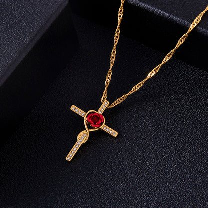 Collar con colgante de cruz de cristal dorado de moda para mujer, joyería religiosa