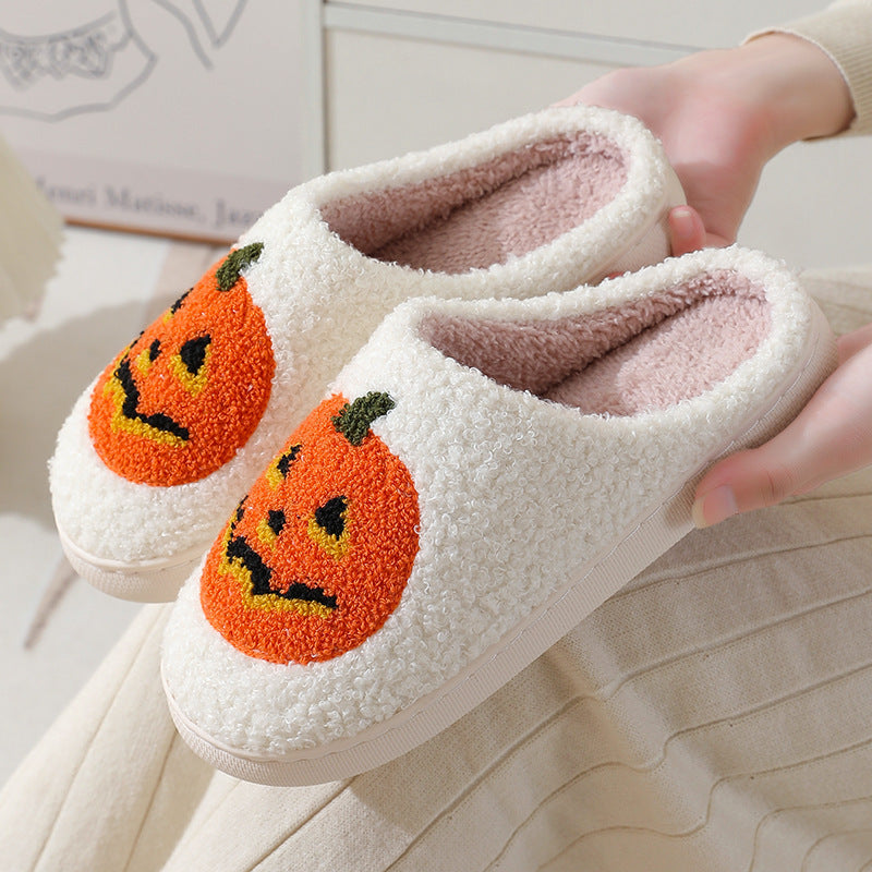 Chaussons d'hiver chauds à motif citrouille pour Halloween, chaussures d'intérieur pour hommes et femmes - LUXARAH