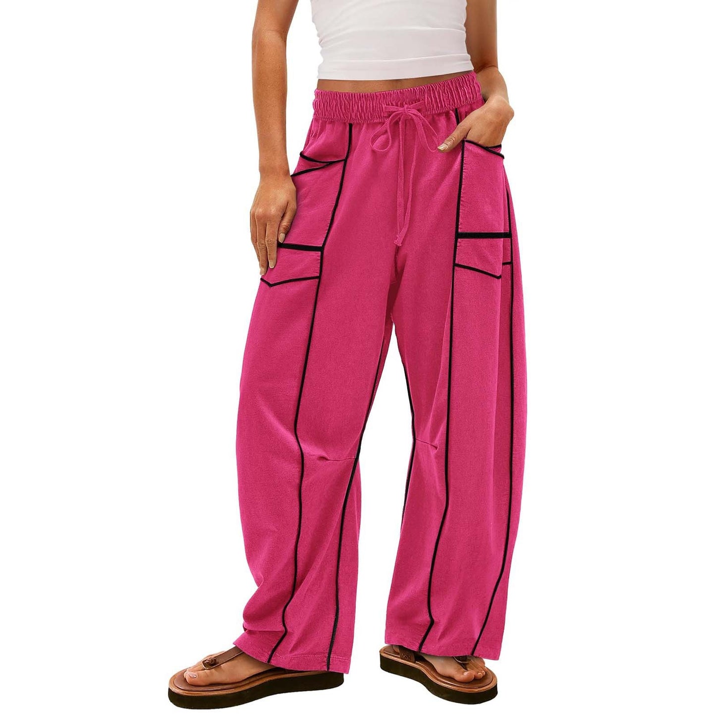 Pantalon large rayé noir Y2K avec poches, pantalon ample à cordon de serrage, pantalon de sport - LUXARAH