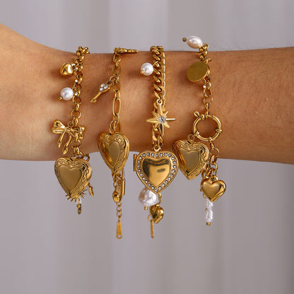 Bracelet chaîne d'amour tendance en acier titane avec perles et nœud