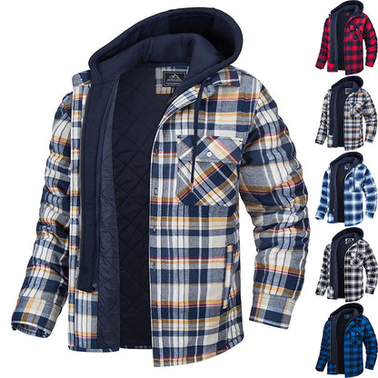 Manteau à capuche à carreaux pour homme, veste chaude d'hiver à boutons et fermeture éclair, mode décontractée, épaisse, rembourrée, manches longues, vêtements d'extérieur