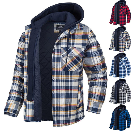 Manteau à capuche à carreaux pour homme, veste chaude d'hiver à boutons et fermeture éclair, mode décontractée, épaisse, rembourrée, manches longues, vêtements d'extérieur