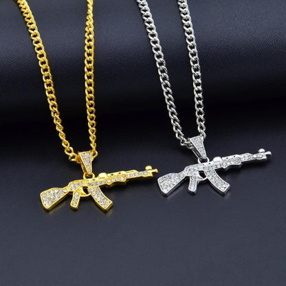 Gothic Gun Pendant Necklace with Rhinestones, Military Style, for Men