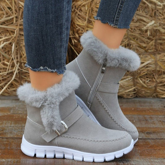 Nouvelles bottes de neige d'hiver, chaudes et épaisses, bottines en peluche de couleur unie avec boucle et chaussures plates en velours pour femmes - LUXARAH