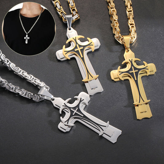 Collier avec pendentif, croix latine et croix chrétienne pour homme, bijou tendance en acier inoxydable, trois couches, idéal comme cadeau