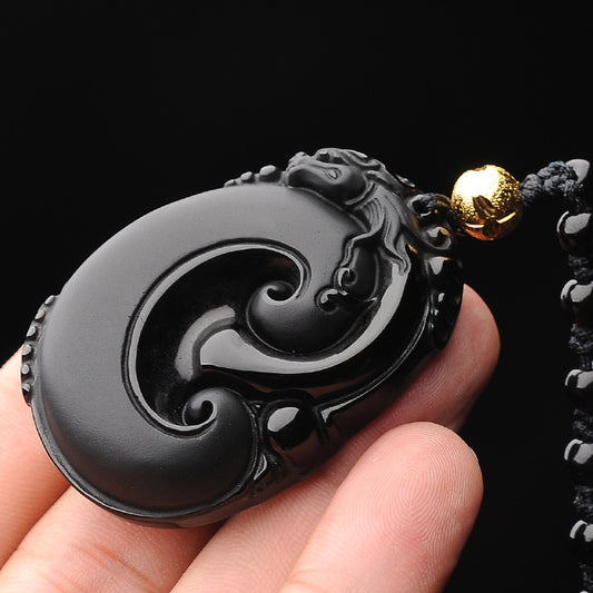 Pendentif Pi Xiu en obsidienne naturelle givrée pour hommes et femmes