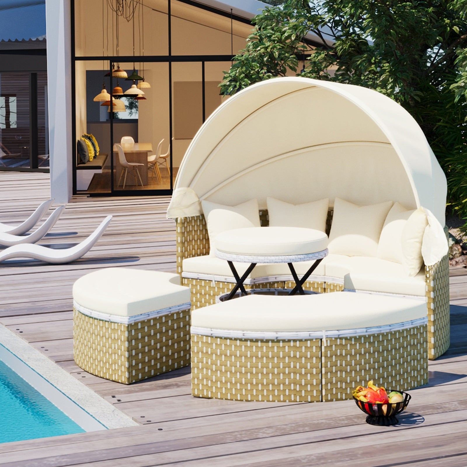 Ensemble de canapés d'extérieur ronds sectionnels TOPMAX Patio Furniture, lit de repos en rotin, bain de soleil tissé bicolore - LUXARAH