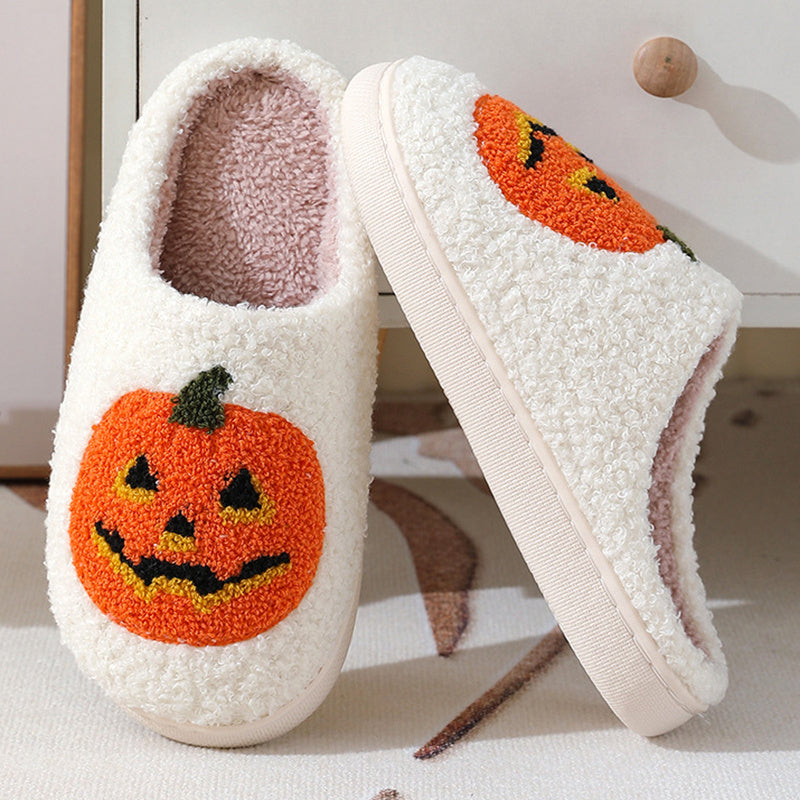Chaussons d'hiver chauds à motif citrouille pour Halloween, chaussures d'intérieur pour hommes et femmes - LUXARAH
