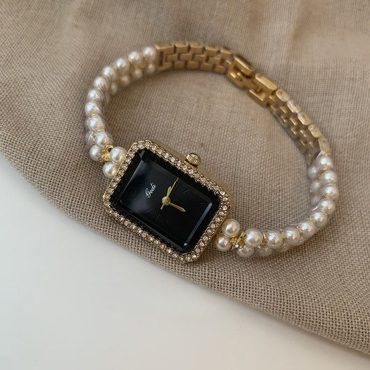 Montre à quartz tendance en argent, noir et carré, avec bracelet en perles - LUXARAH