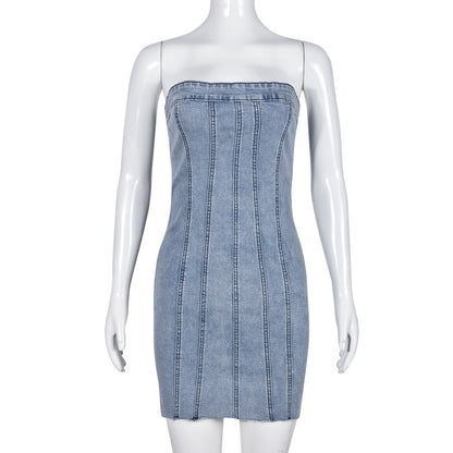 Robe tube en jean, dos nu tendance, tenue d'été sexy Y2K, courte et slim - LUXARAH