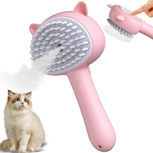 Brosse à vapeur pour chat 4 en 1 avec poignée, brosse brumisateur en caoutchouc pour animaux de compagnie avec bouton de déverrouillage, peigne pour chien avec nettoyant pour chatons d'intérieur et petits animaux - LUXARAH