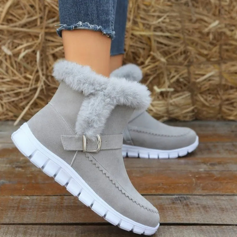 Nouvelles bottes de neige d'hiver, chaudes et épaisses, bottines en peluche de couleur unie avec boucle et chaussures plates en velours pour femmes - LUXARAH