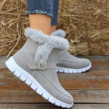 Nouvelles bottes de neige d'hiver, chaudes et épaisses, bottines en peluche de couleur unie avec boucle et chaussures plates en velours pour femmes - LUXARAH