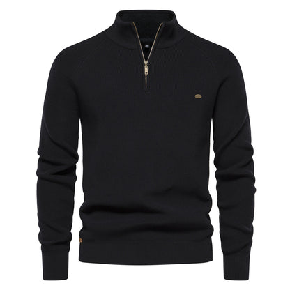 Pull tricoté à col montant et fermeture éclair pour homme, coupe slim, couleur unie, manches longues, demi-col roulé