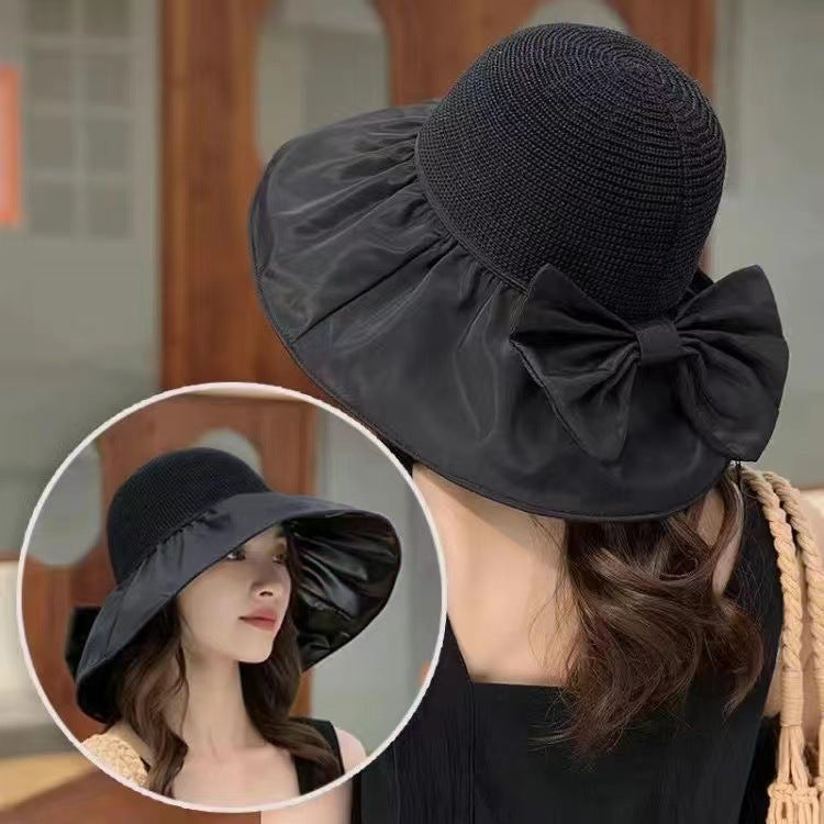 Chapeau de soleil d'été en paille à large bord et grand nœud, chapeau de pêcheur anti-UV, pare-soleil d'extérieur et chapeau de protection du visage