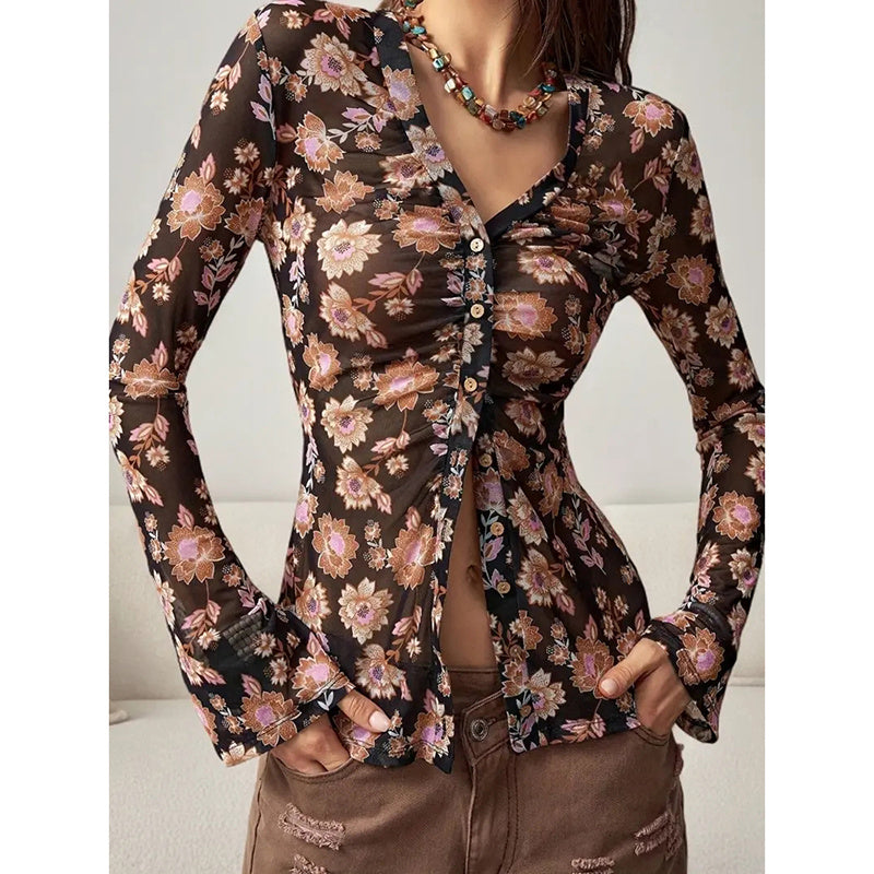Chemisier boutonné à fleurs, tendance automne 2025, manches longues, col en V, froncé, ajusté - LUXARAH