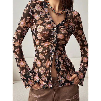 Chemisier boutonné à fleurs, tendance automne 2025, manches longues, col en V, froncé, ajusté - LUXARAH