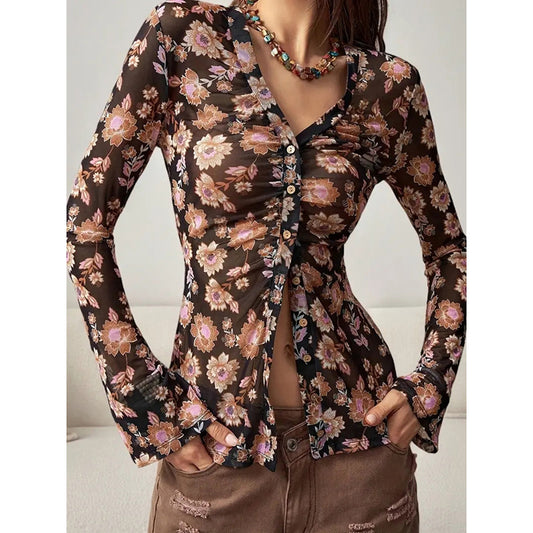 Chemisier boutonné à fleurs, tendance automne 2025, manches longues, col en V, froncé, ajusté - LUXARAH
