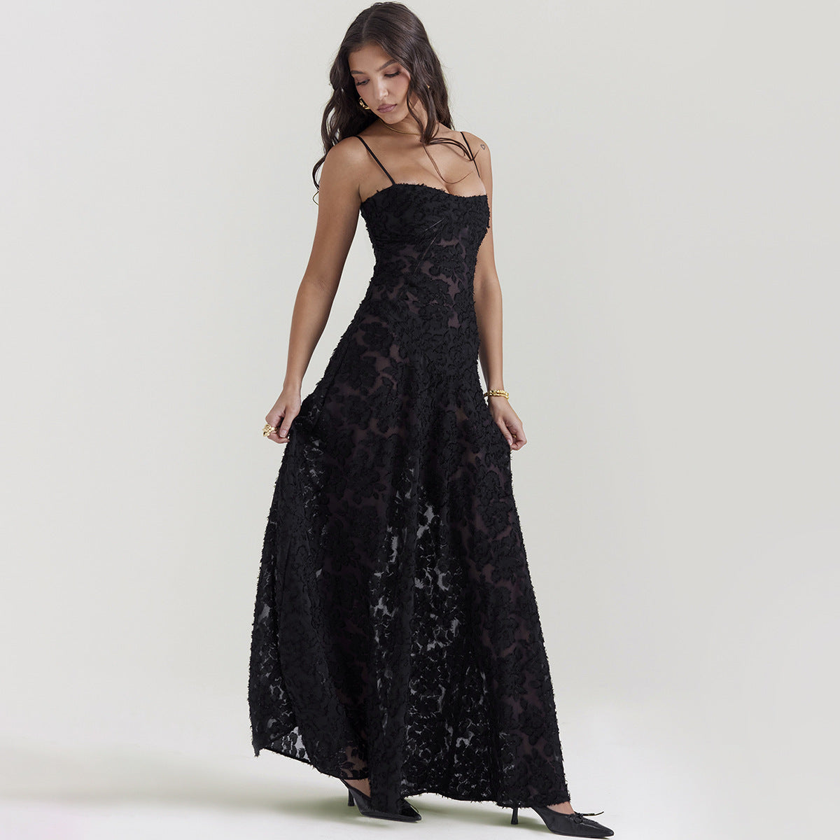 Robe longue en dentelle à bretelles tendance, col bustier, élégante, tenue de soirée - LUXARAH