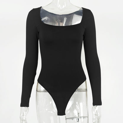 Body sexy à col carré et manches longues pour femme, haut doublé