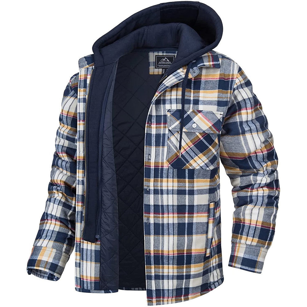 Manteau à capuche à carreaux pour homme, veste chaude d'hiver à boutons et fermeture éclair, mode décontractée, épaisse, rembourrée, manches longues, vêtements d'extérieur