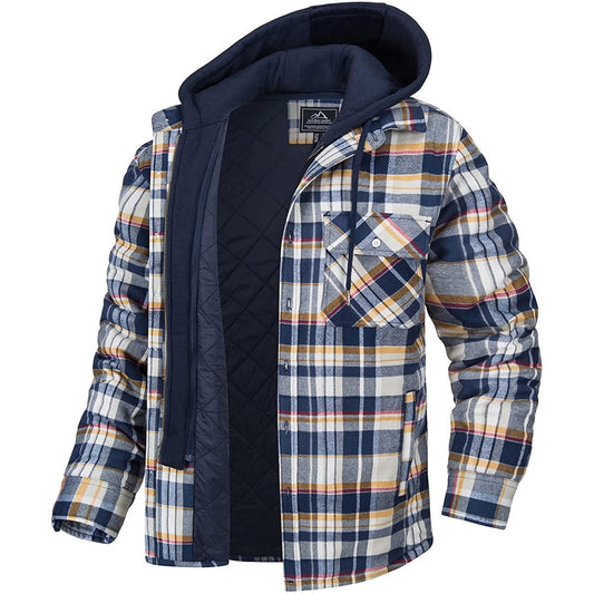 Manteau à capuche à carreaux pour homme, veste chaude d'hiver à boutons et fermeture éclair, mode décontractée, épaisse, rembourrée, manches longues, vêtements d'extérieur